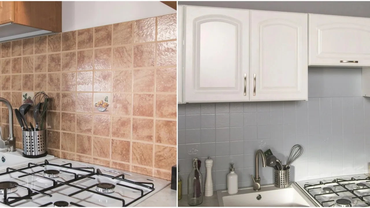 r&oacute;żne rodzaje farb do płytek kuchennych lub pomalowane płytki kuchnia