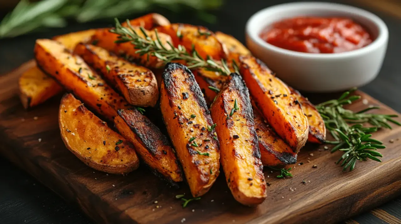 Chrupiące frytki z batatów, pieczone z ziołami, podane z sosem. Czy frytki z batatów są kaloryczne? Zależy od sposobu przygotowania!