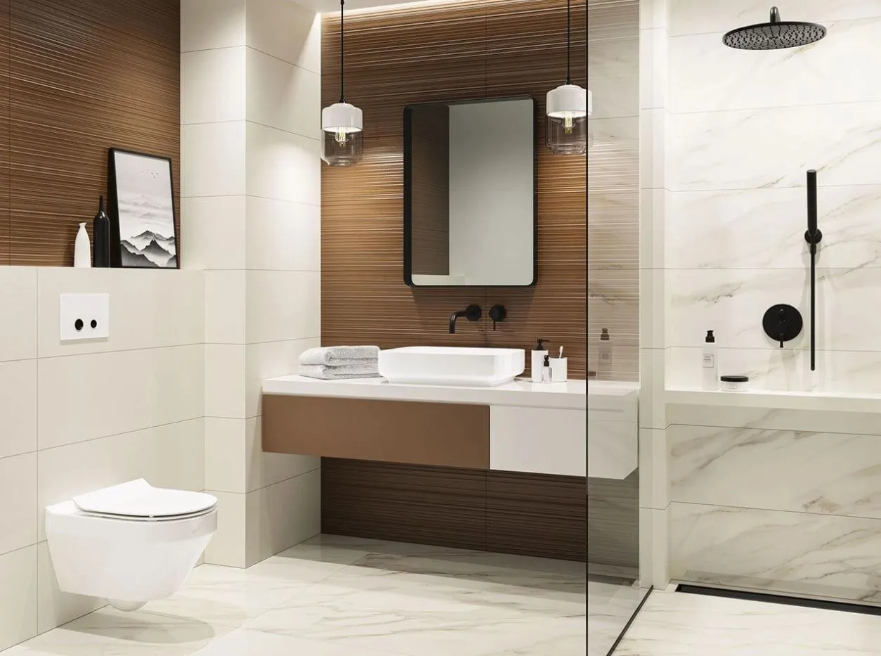 Nowoczesna czarno-biała łazienka z eleganckimi meblami