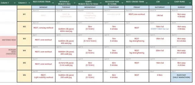 Grafika przedstawiająca tygodniowy plan treningowy łączący siłownię i bieganie