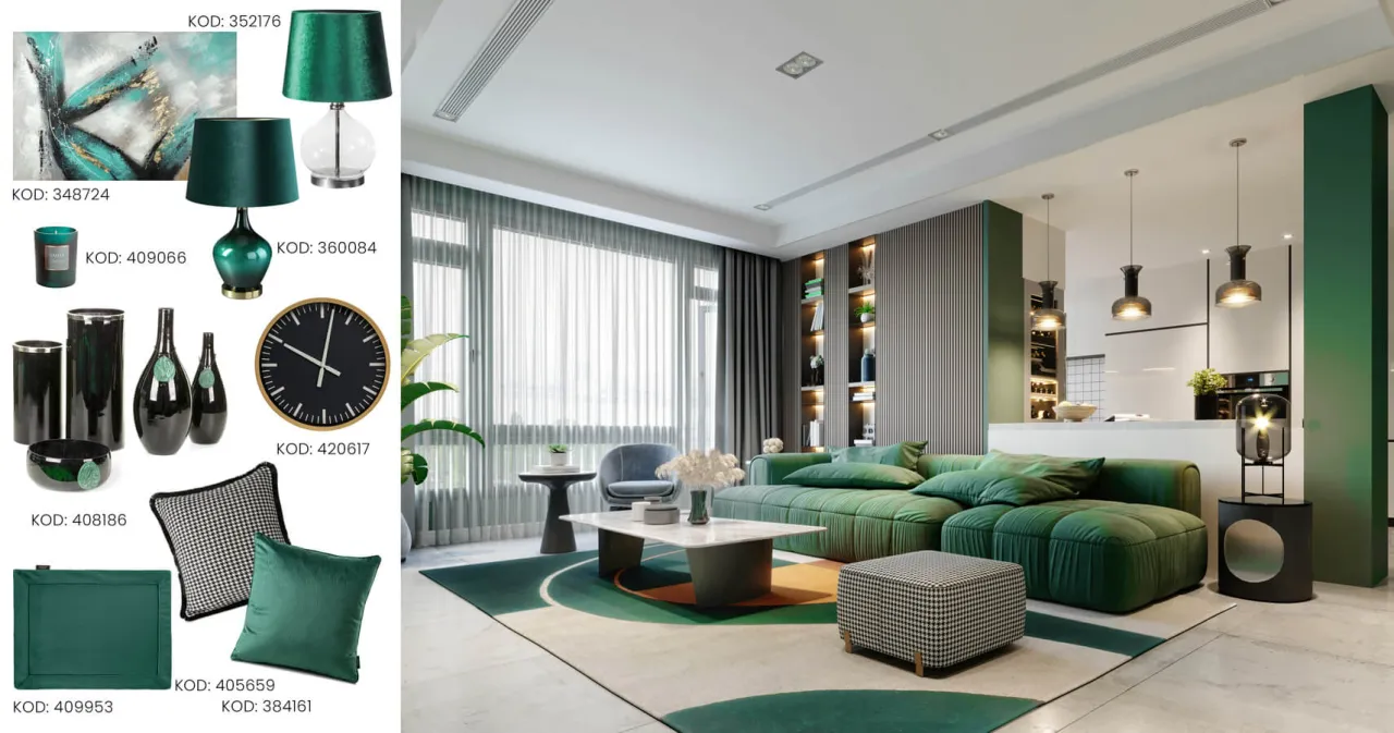 Szara kanapa z musztardowymi i butelkowozielonymi poduszkami