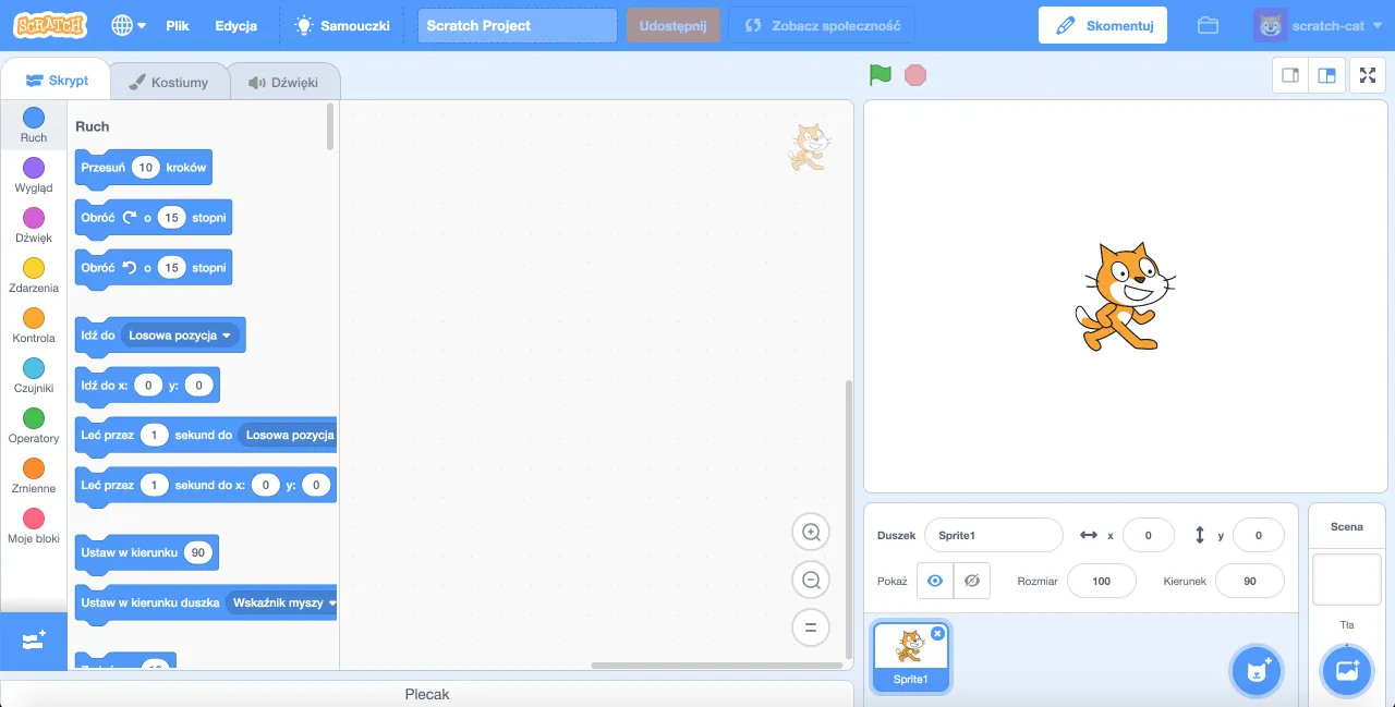 interfejs programu Scratch dla dzieci