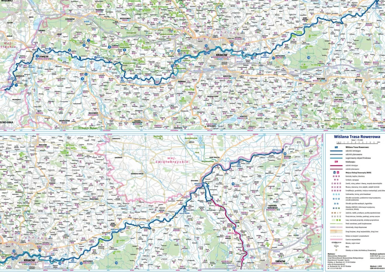 Mapa turystyczna z zaznaczoną wiślaną trasą rowerową, prowadzącą przez malownicze tereny Małopolski i Podkarpacia, z widocznymi miastami jak Krak&oacute;w i Tarn&oacute;w.