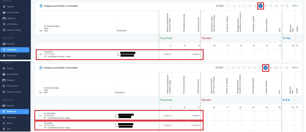 przykładowa faktura sprzedaży z zaznaczonym momentem powstania przychodu i miejscem na wpis w KPiR