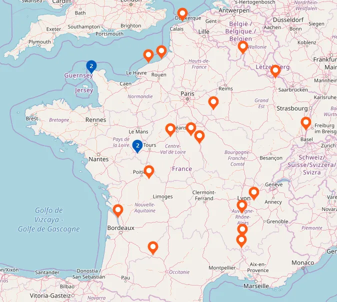 Mapa elektrowni jądrowych we Francji
