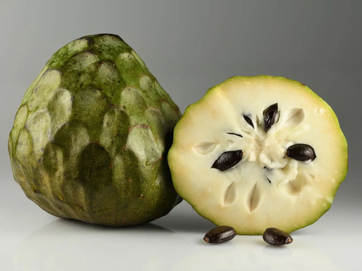 Zielona cherimoya owoc, przekrojona na p&oacute;ł, ukazuje kremowe wnętrze z czarnymi pestkami.