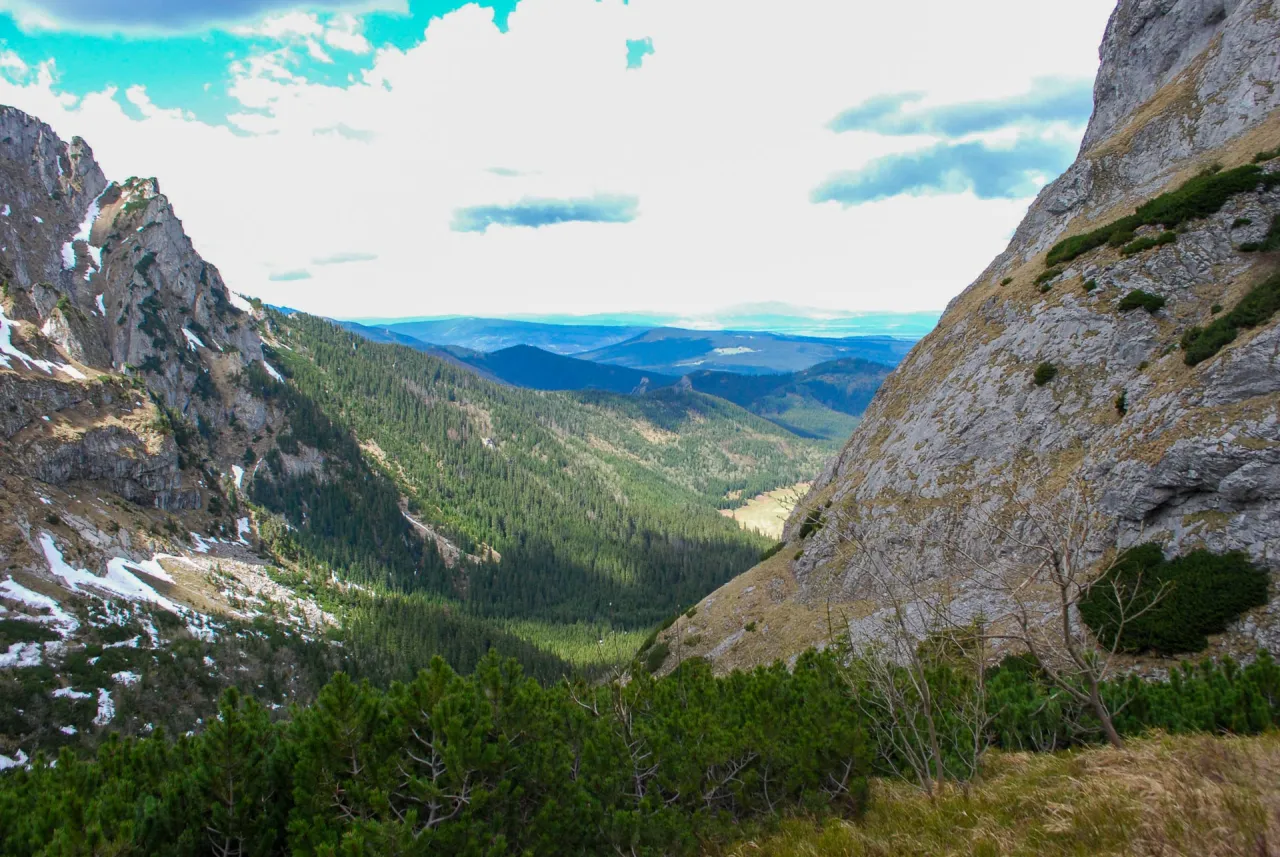 Widok na dolinę małej łąki, otoczoną skalistymi zboczami i gęstym lasem iglastym. Na szczytach gór widać resztki śniegu.
