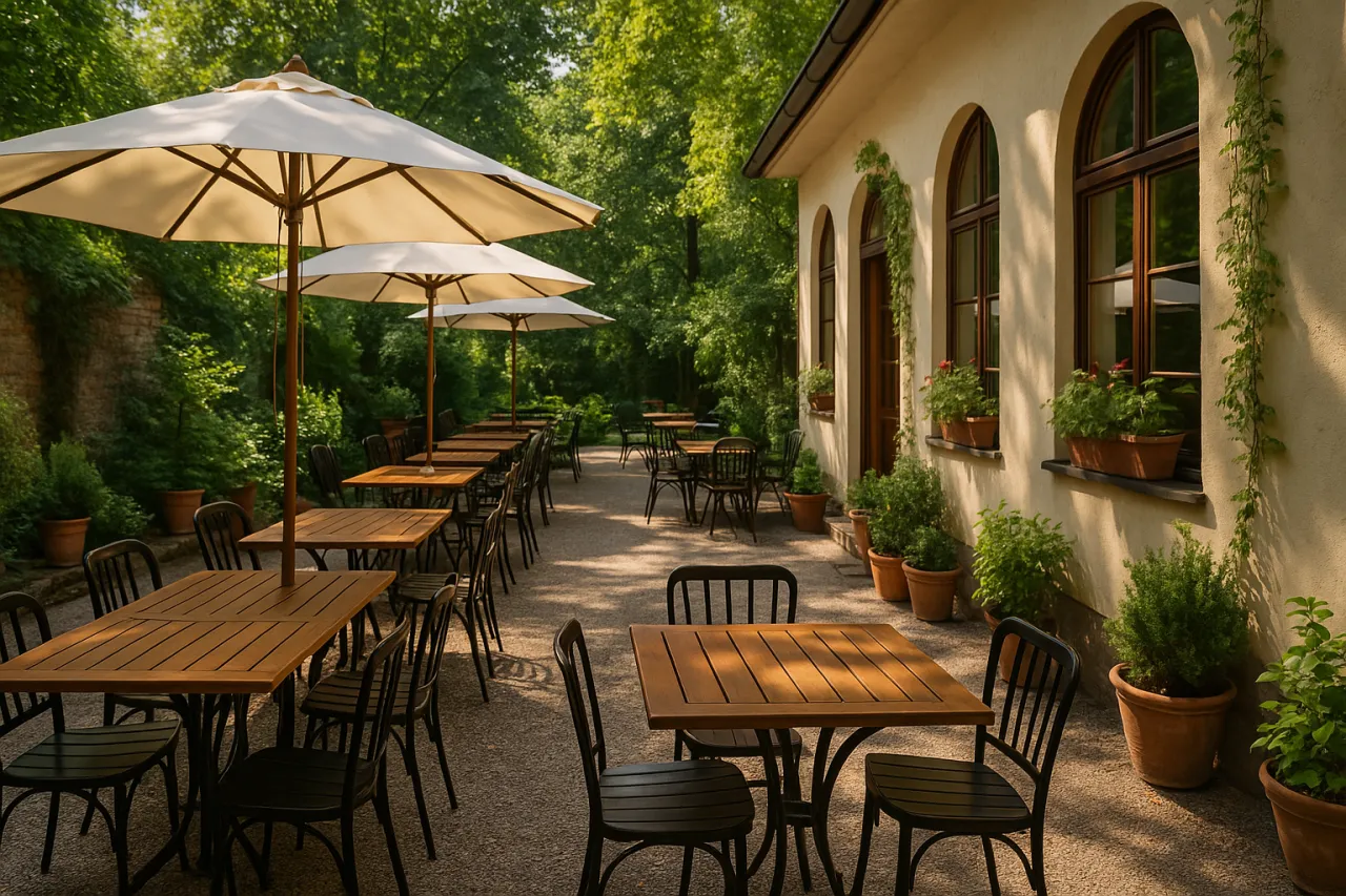 Letnia atmosfera i zielone otoczenie zachęcają do poszukiwań, gdzie na obiad w Krakowie. Puste stoliki pod parasolami czekają na gości.