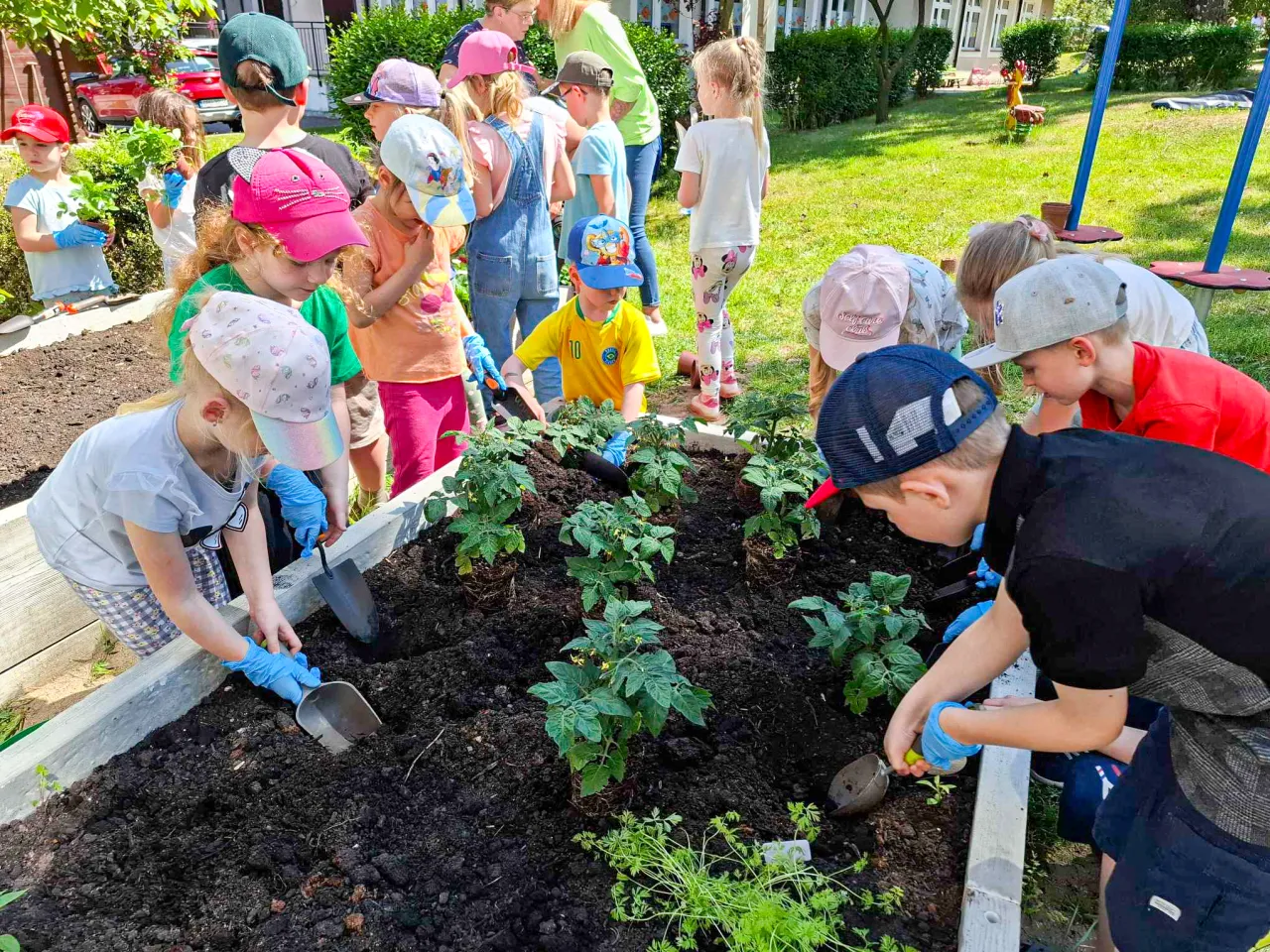 Młodzież segregująca śmieci lub sadząca drzewa