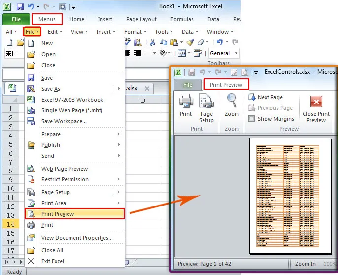 Excel print preview settings screenshot