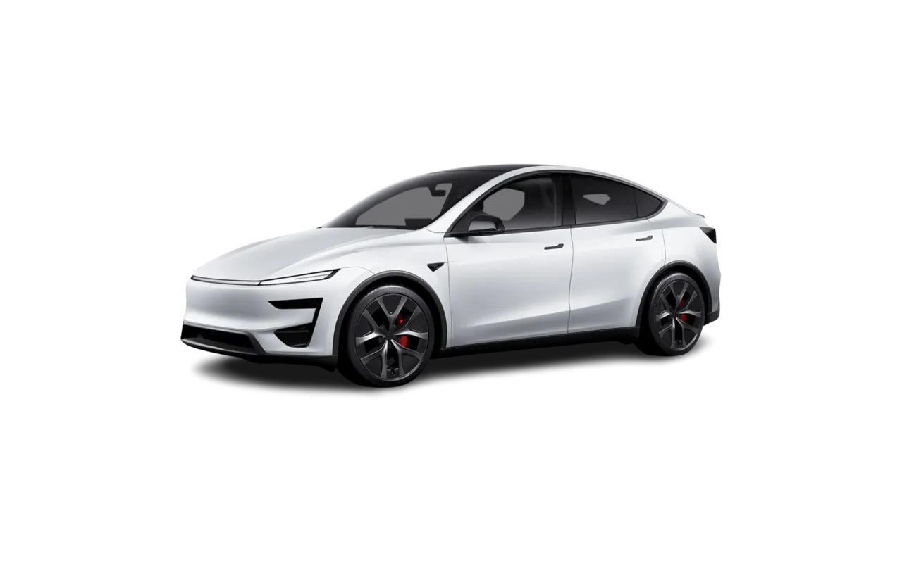 Biała Tesla Model Y na czarnym tle. Zastanawiasz się, ile kosztuje Tesla Model Y? Ten elegancki SUV elektryczny może być Tw&oacute;j!