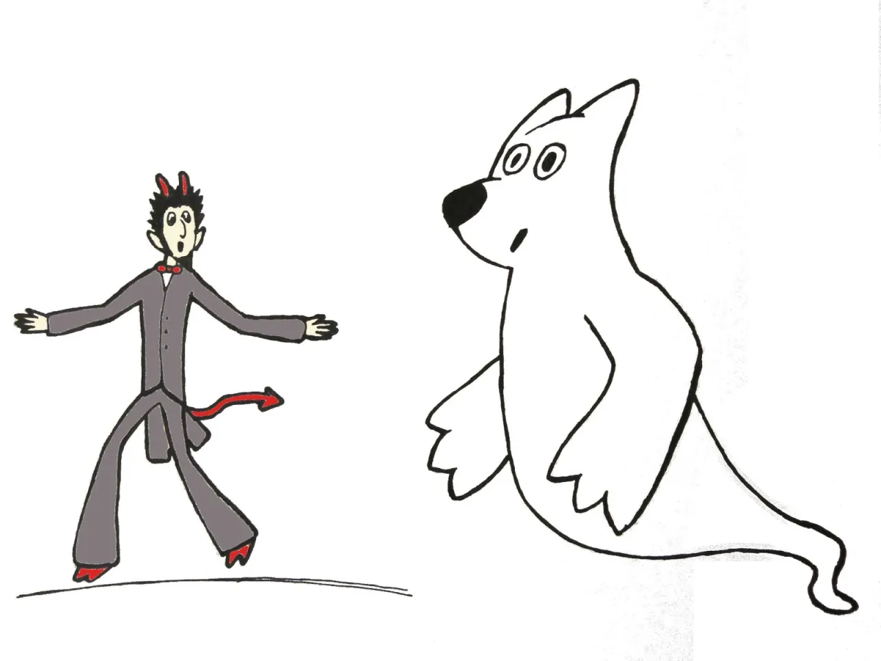 Diabełek w garniturze wita ducha bielucha. Może to początek legendy o duchu bieluchu?