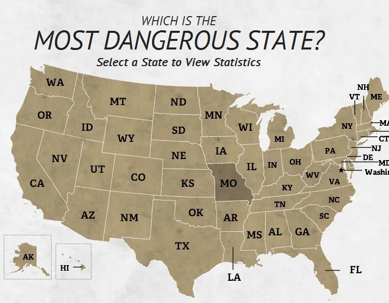 Mapa przestępczości USA lub statystyki bezpieczeństwa turystycznego