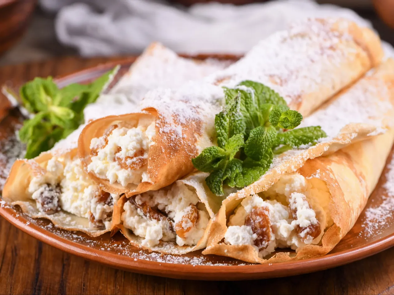 Naleśniki z twarogiem i rodzynkami, posypane cukrem pudrem i udekorowane miętą. Idealne co na obiad z twarogiem!