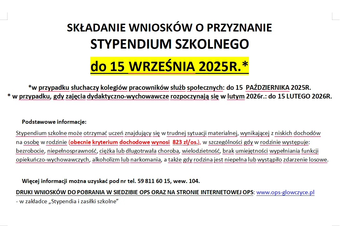 stypendium szkolne termin wniosek kalendarz