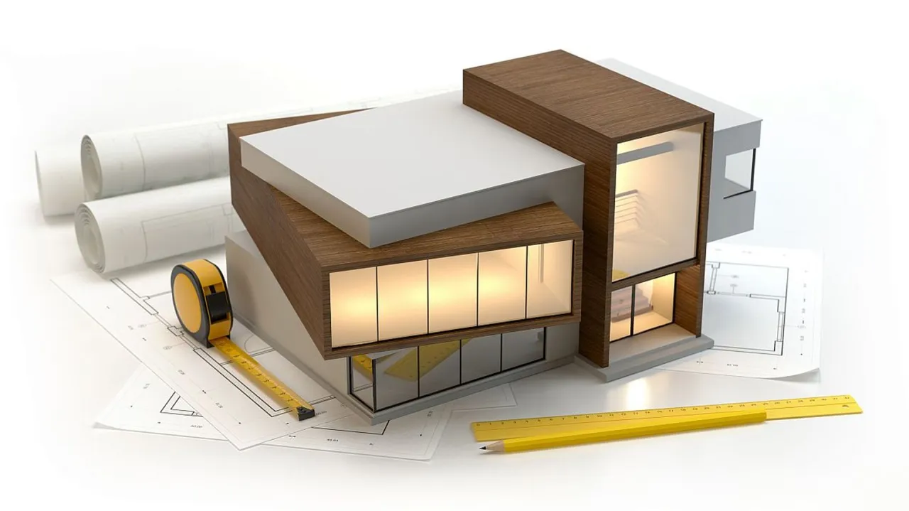 Model nowoczesnego domu, plany, miarka i ołówek. Gotowe zgłoszenie zakończenia budowy.