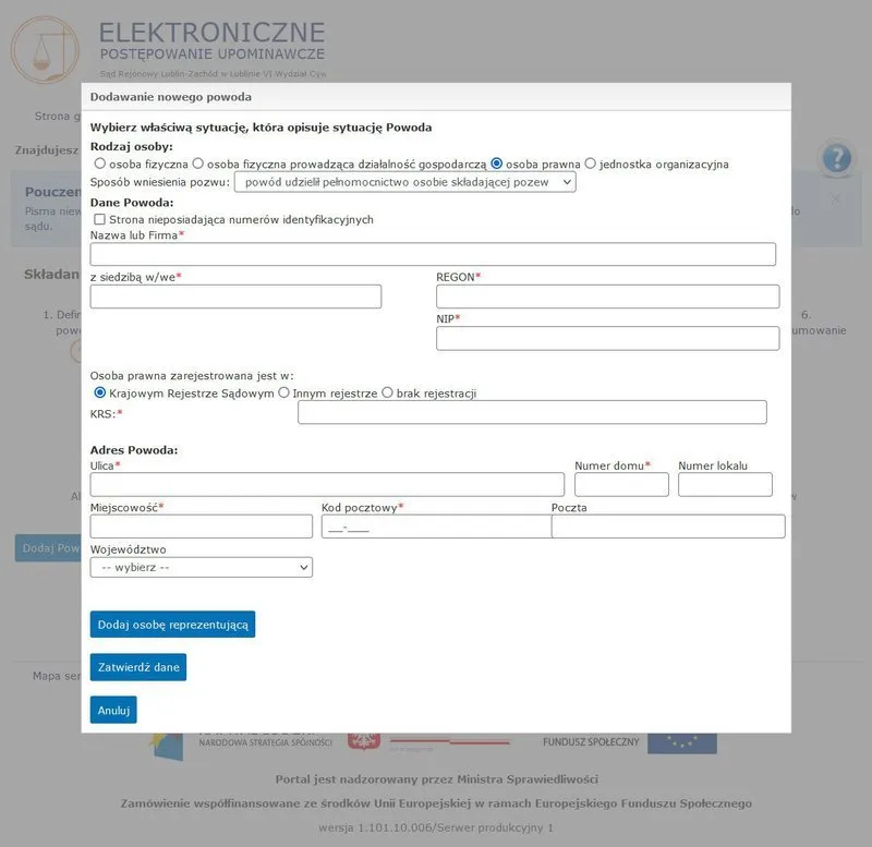 Wypełnianie formularza pozwu e-sąd