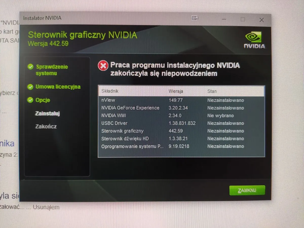 Instalator NVIDIA informuje o błędzie podczas próby aktualizacji sterowników karty graficznej. Wszystkie komponenty są niezainstalowane.