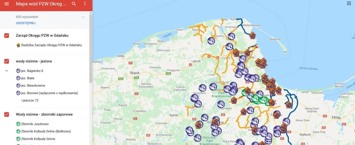 Mapa wód PZW w Polsce
