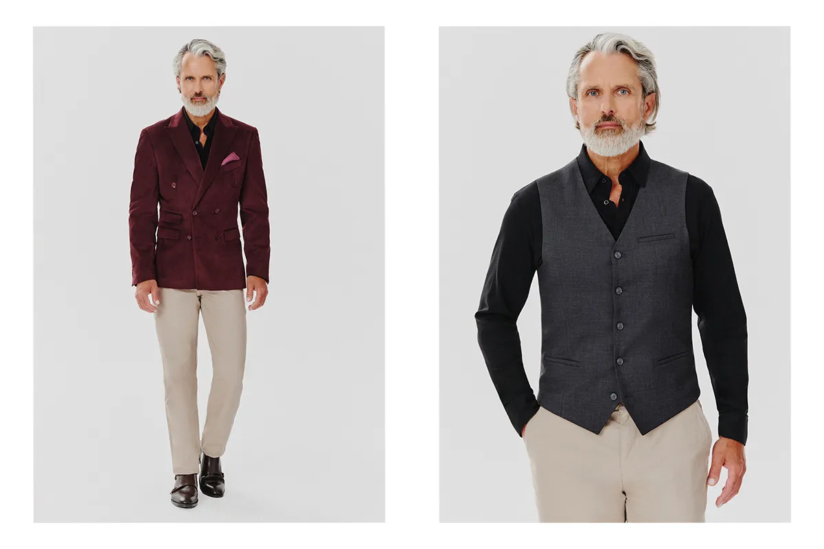 Mężczyzna czarna koszula szare spodnie wełniane