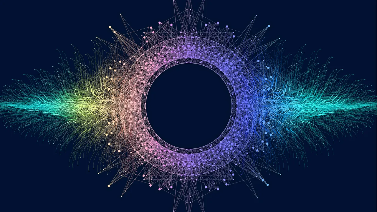 Sieć neuronowa w kolorach tęczy, symbolizująca złożoność i pytanie: czy sztuczna inteligencja ma świadomość?