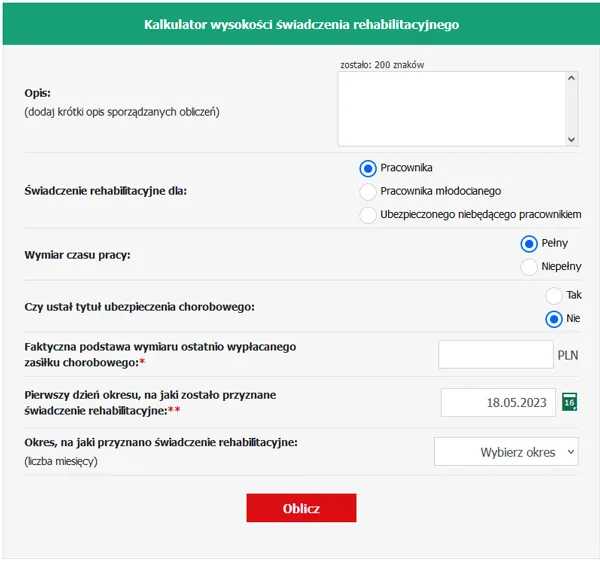 kalkulator świadczenia rehabilitacyjnego, procenty ZUS