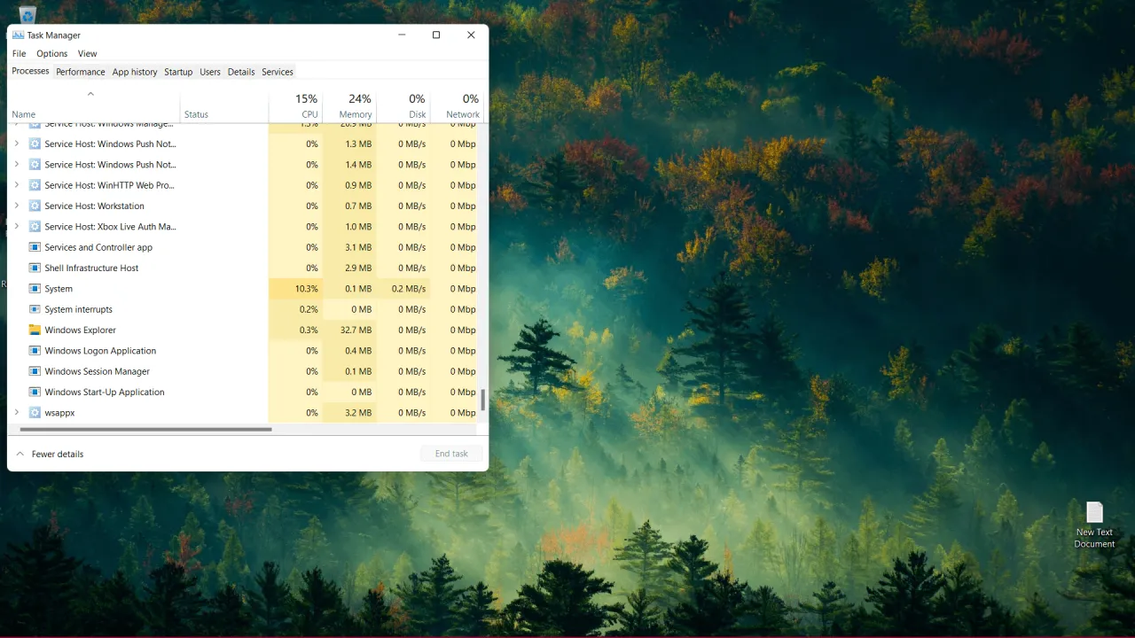 Menedżer zadań pokazuje 15% użycia procesora. Aby odciążyć procesor, sprawdź, które procesy go obciążają, np. 