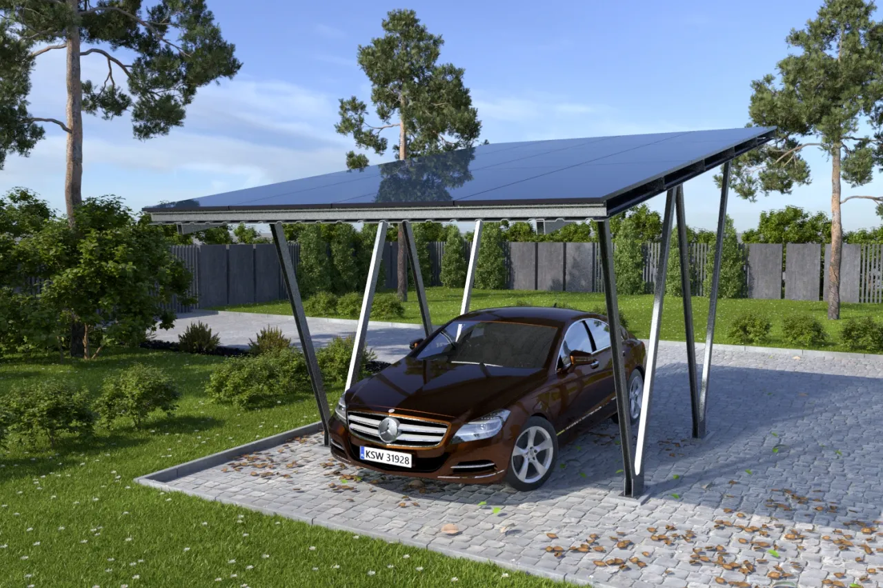 Samoch&oacute;d elektryczny ładowany w garażu podziemnym bloku mieszkalnego, wallbox, infrastruktura