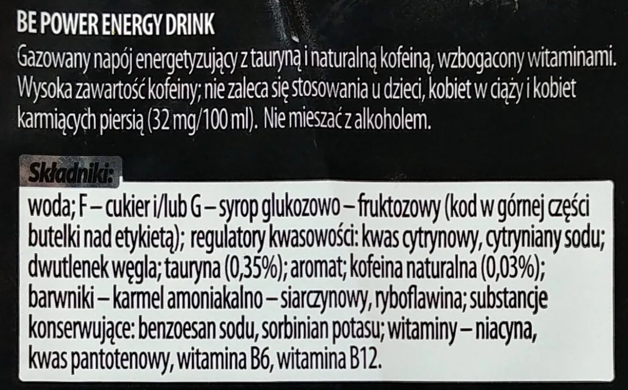 składniki napoj&oacute;w energetycznych etykieta