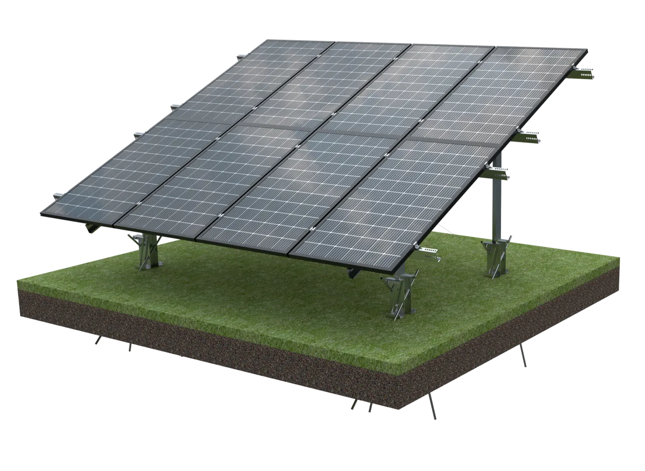 Panel fotowoltaiczny na stelażu, część projektu OZE. Instalacja na trawiastym podłożu z widocznym przekrojem ziemi.
