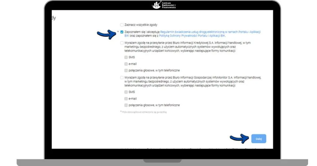 formularz rejestracyjny na stronie BIK na ekranie komputera