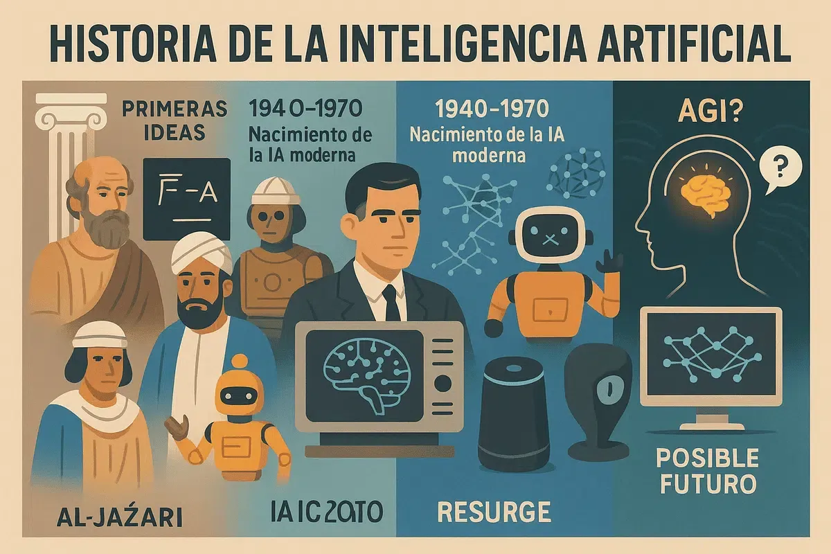 Ilustracja pokazuje, jak powstała sztuczna inteligencja: od starożytnych idei, przez narodziny IA, aż po przyszłość.