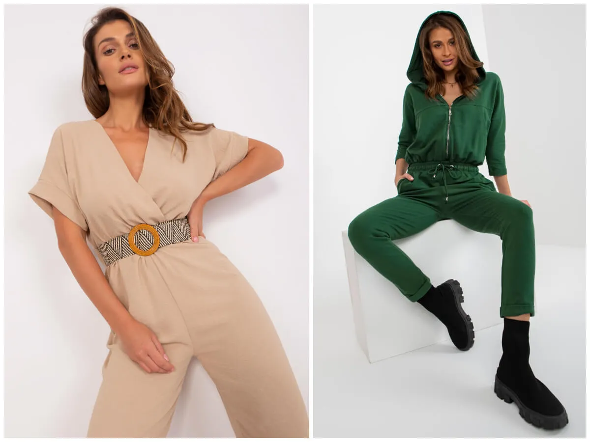 Dla kogo kombinezony? Beżowy elegancki i zielony sportowy – wybierz swój styl.