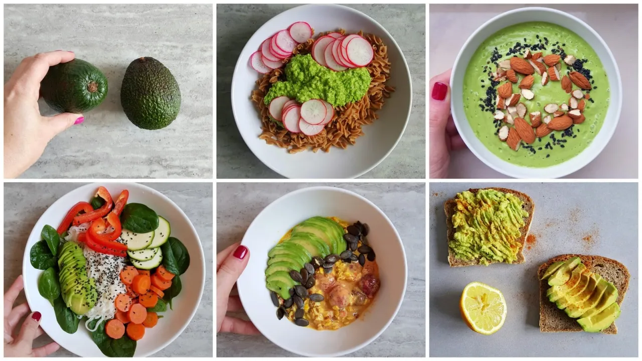 Inspiracje na przepis na zdrowe śniadanie: awokado, makaron z pastą z groszku, zupa krem, bowl z warzywami, owsianka z awokado i tosty z awokado.