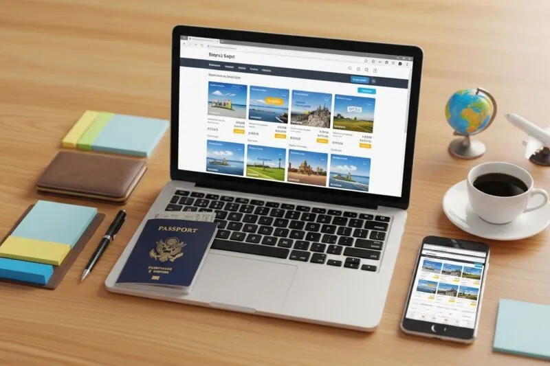 Osoba korzystająca z porównywarki cen noclegów na laptopie