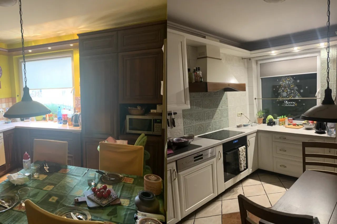 Metamorfoza kuchni przed i po malowaniu szafek