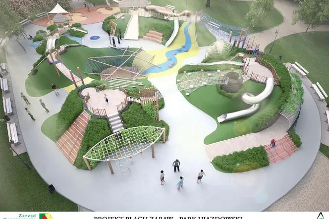 Nowoczesny plac zabaw z różnorodnymi atrakcjami