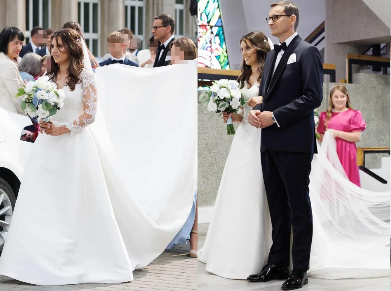 Panna młoda w białej sukni z bukietem kwiatów, obok pana młodego w garniturze. Aleksandra Morawiecka ile ma lat? Na zdjęciu widać ją w dniu ślubu.