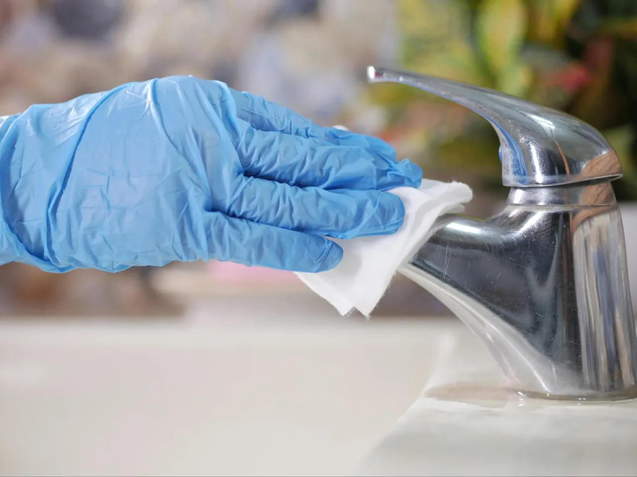 Rękawiczka w niebieskiej rękawiczce czyści kran białą ściereczką, pokazując, jak usunąć kamień z kranu.