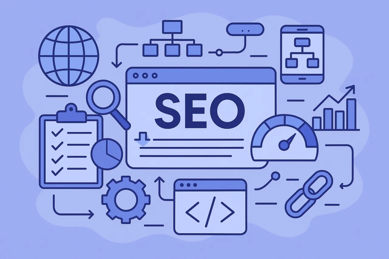 Ilustracja przedstawia elementy kluczowe dla techniczne seo: globus, lupę, wykresy, kod, linki i wskaźniki optymalizacji.
