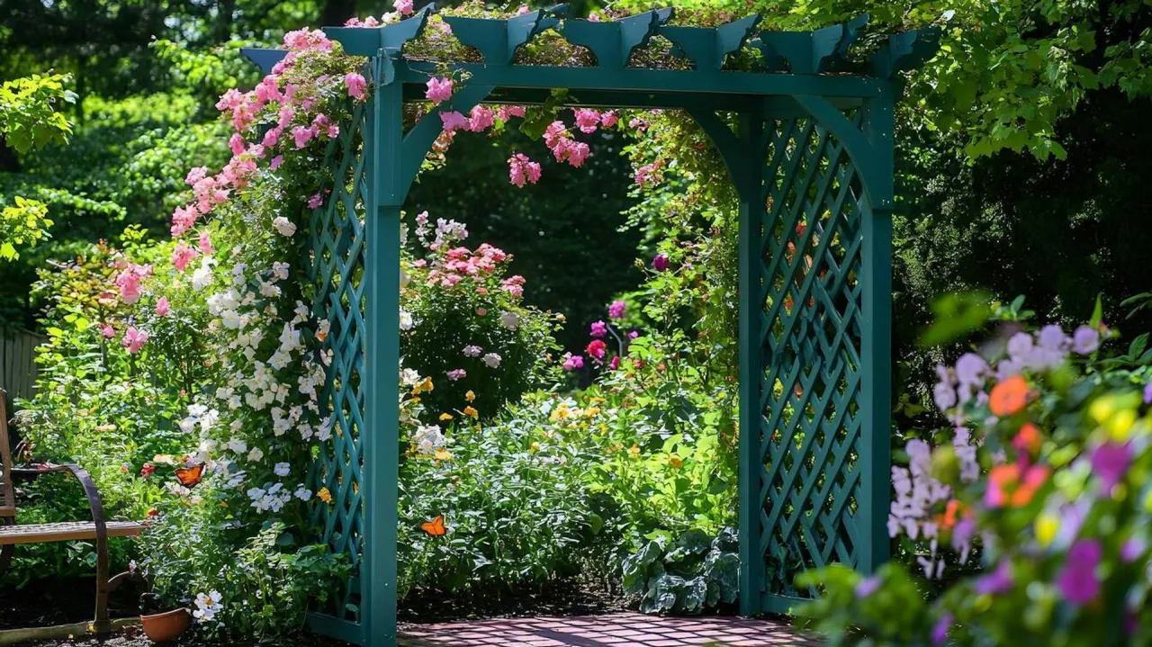 Zielona, kwitnąca pergola w ogrodzie, idealna inspiracja, jak zrobić prostą pergolę. Różowe i białe róże pną się po jej bokach.