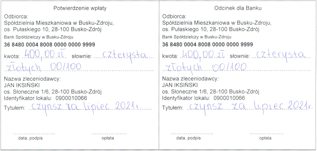 Przykładowy rachunek za czynsz w spółdzielni mieszkaniowej