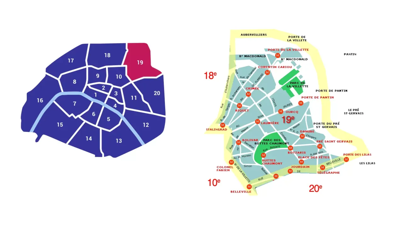 Mapa Paryża z zaznaczonym 19. dzielnicą, która jest często uważana za najgorszą dzielnicę Paryża.