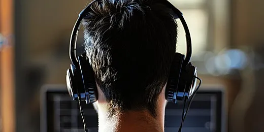 Osoba skupiona na pracy słuchająca muzyki w słuchawkach