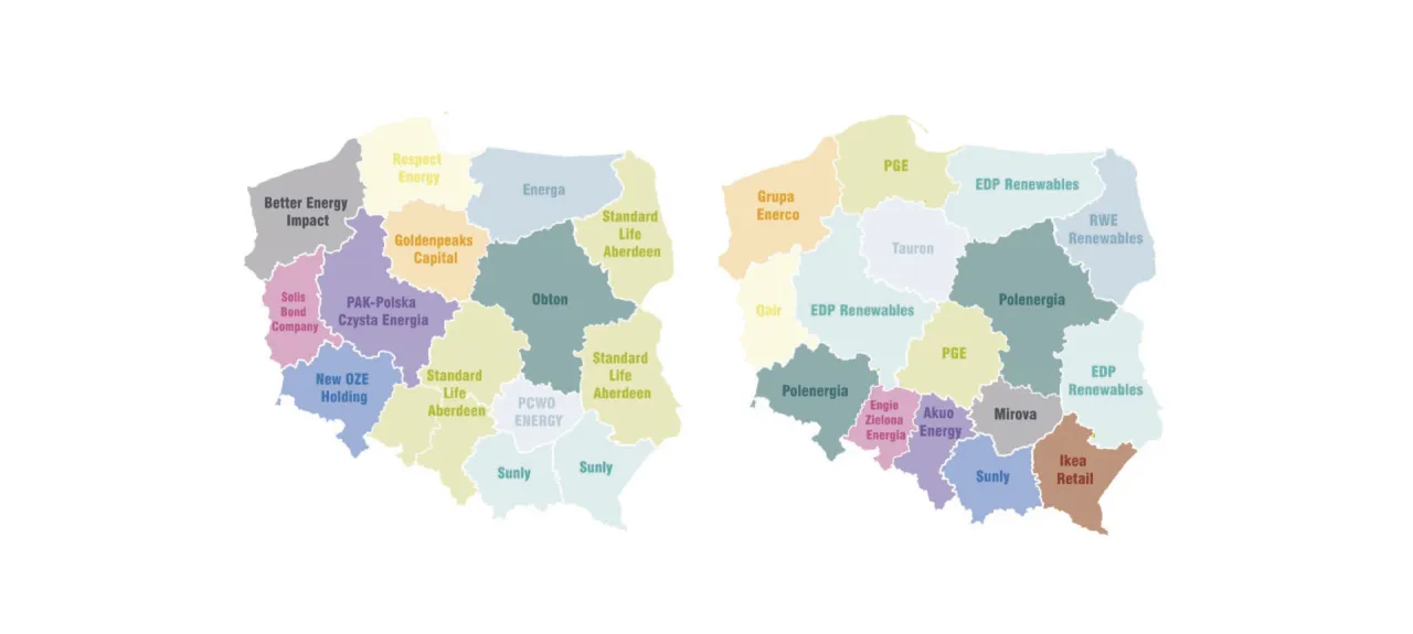 Mapa Polski z zaznaczonymi największymi farmami fotowoltaicznymi
