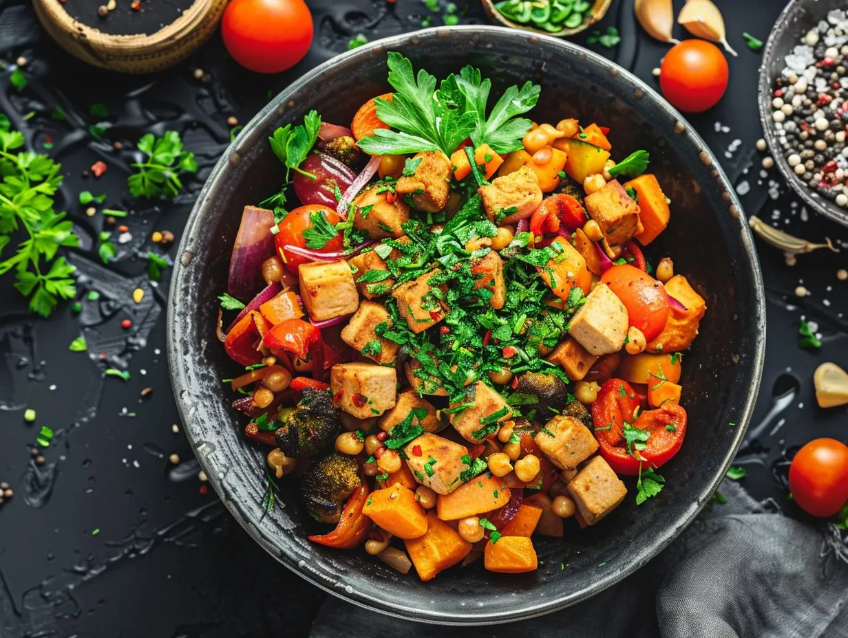 Osoba gotująca wegańskie jedzenie z warzywami i owocami