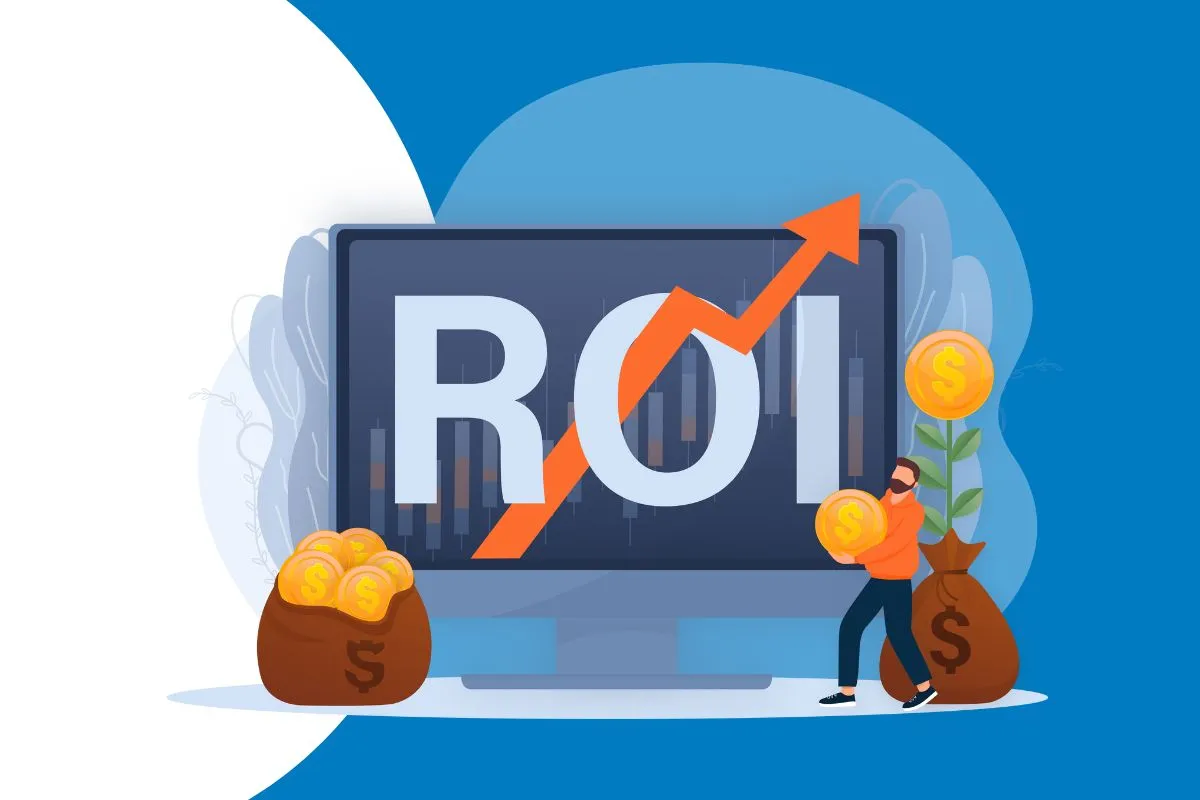 Grafika pokazuje wzrost ROI w marketingu. Mężczyzna z monetami i workami pieniędzy symbolizuje sukces finansowy.
