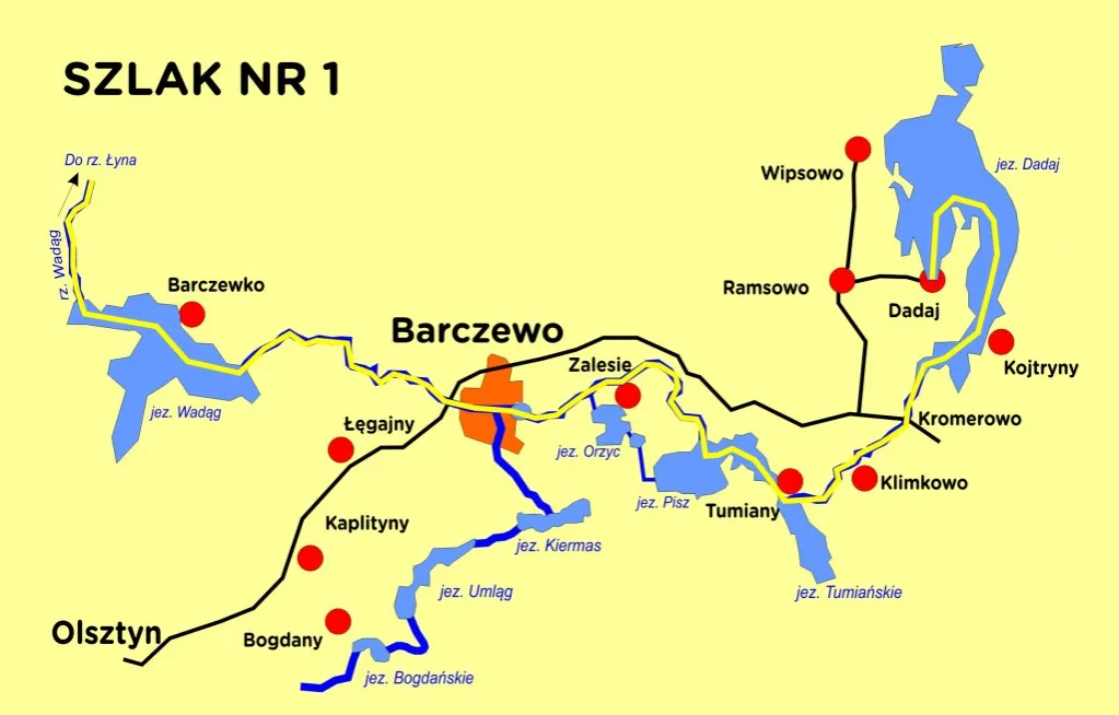 Mapa szlaku kajakowego Kwisy z oznaczeniem tras