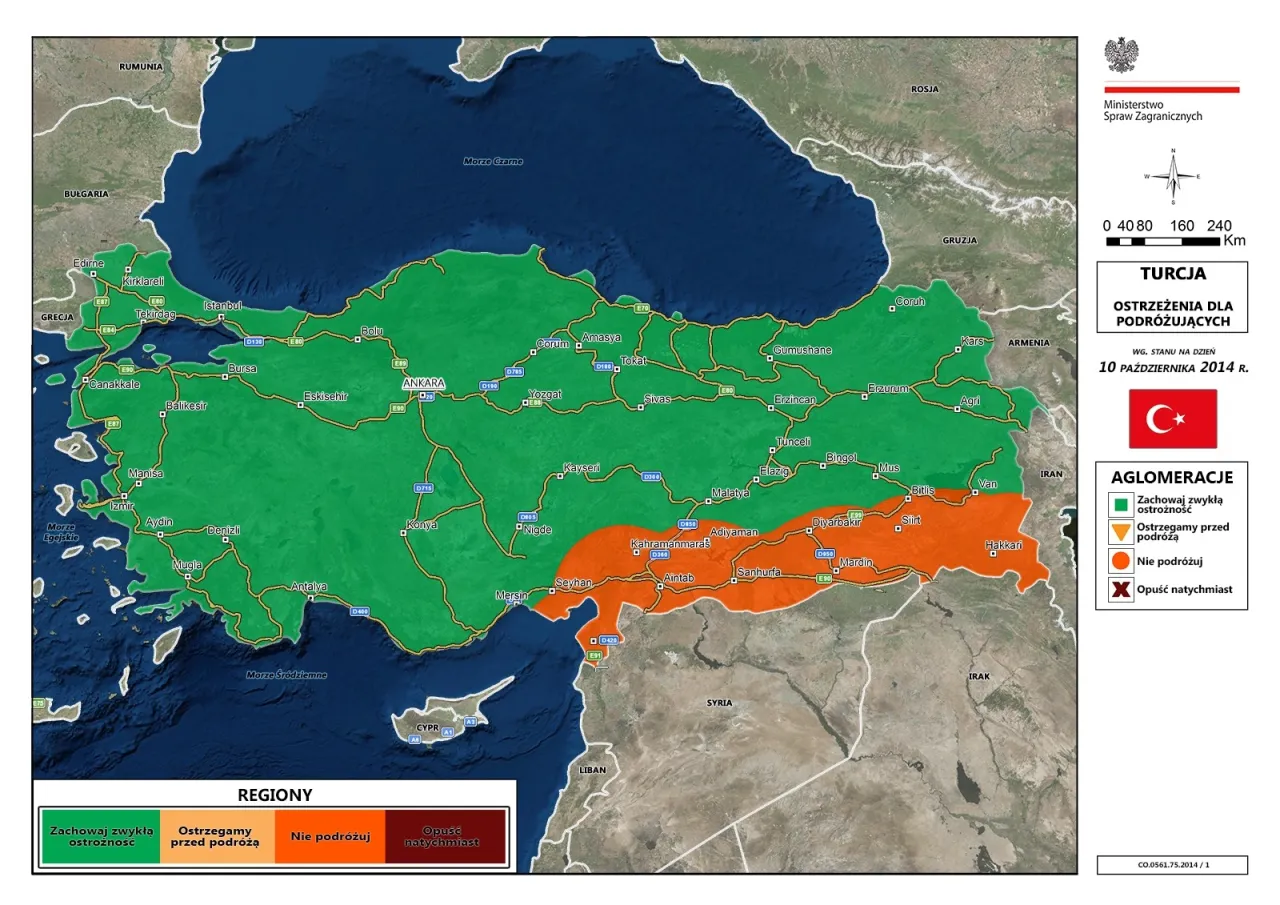 Mapa Turcji z zaznaczonymi regionami: zielony - zachowaj ostrożność, pomarańczowy - ostrzegamy przed podr&oacute;żą. Czy w Turcji jest bezpiecznie? Zależy od regionu.