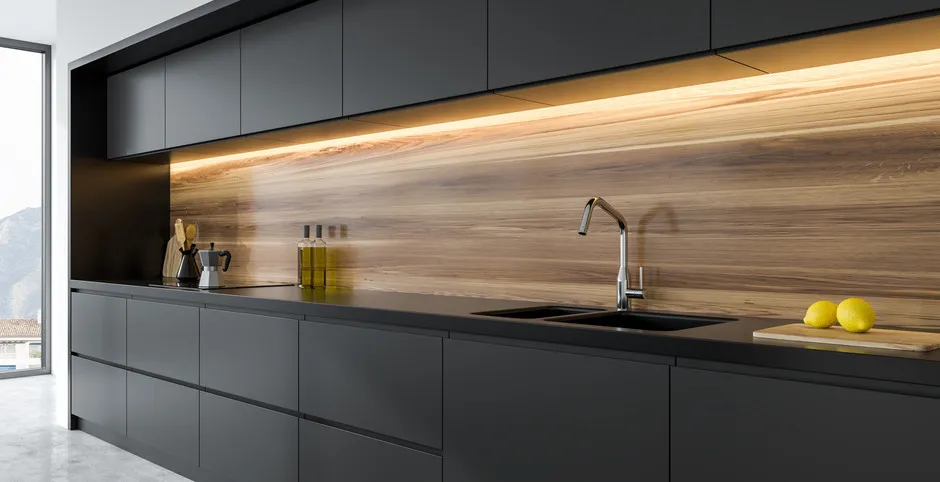 inspiracje fuga płytki ciemne meble oświetlenie kuchnia